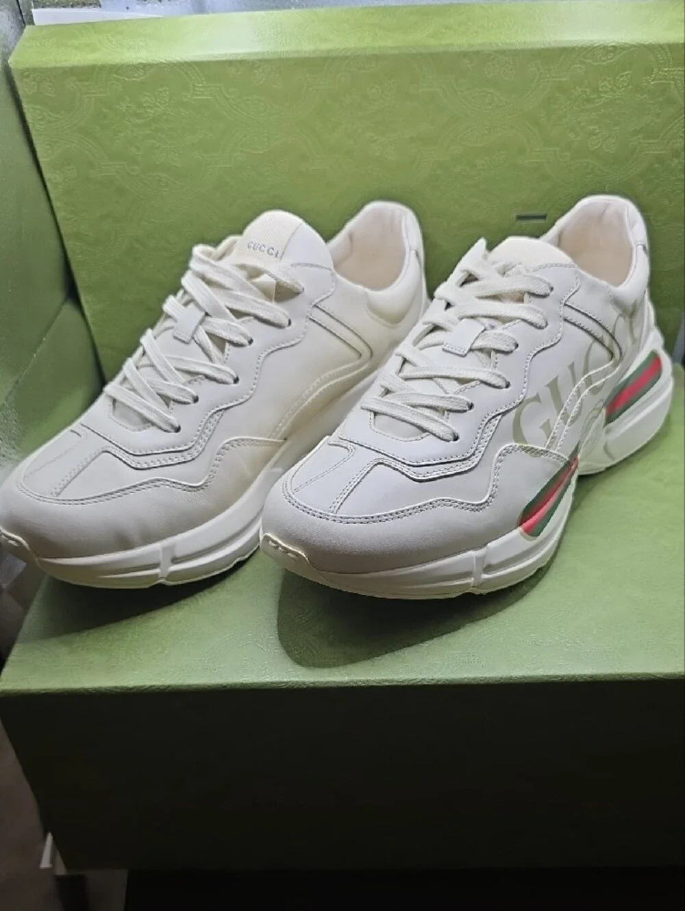Gucci White Leather Sneaker with Red & Green Stripe Logo